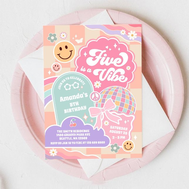 Five Is A Vibe Cloud Rainbow Disco 5th Birthday Invitation (Creator Uploaded)