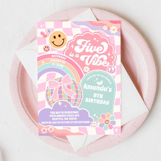 Five Is A Vibe Disco Rainbow 5th Birthday  Invitation