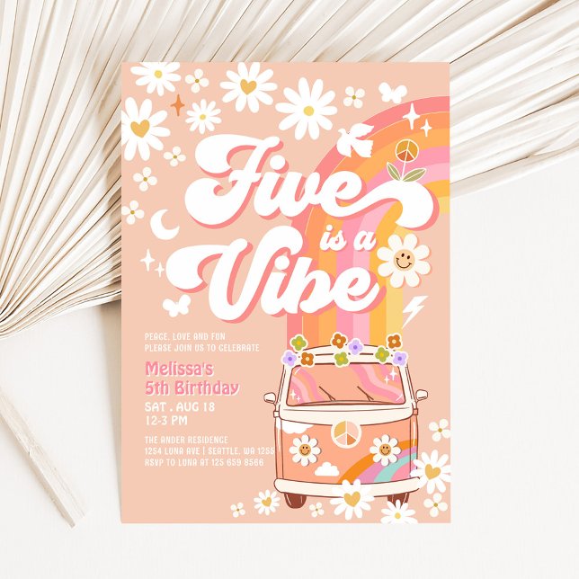 Five is A Vibe Girl Pink Peach Groovy 5th Birthday Invitation (Creator Uploaded)