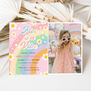 Five Is A Vibe Groovy Daisy Rainbow 5th Birthday Invitation