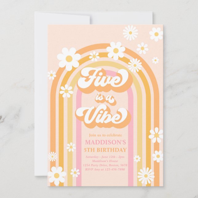 Five Is A Vibe Groovy Daisy Rainbow 5th Birthday Invitation (Front)