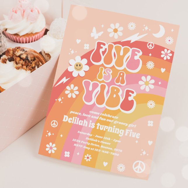 Five Is A Vibe Groovy Hippie Rainbow 5th Birthday Invitation (Creator Uploaded)