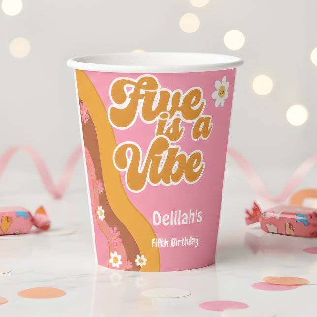 Five is a vibe, groovy retro birthday paper cups (Creator Uploaded)