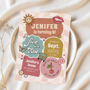 Five Is A Vibe Groovy Retro Daisy 5th Birthday  Invitation