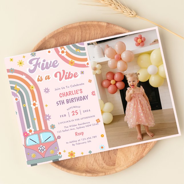 Five Is A Vibe Groovy Retro Daisy Birthday Photo  Invitation (Creator Uploaded)