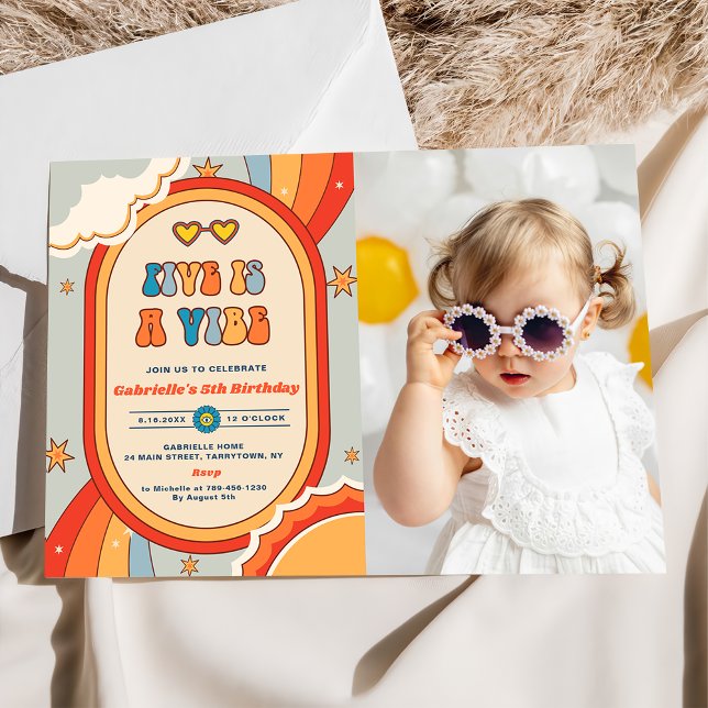Five Is A Vibe Groovy Retro Rainbow 5th Birthday  Invitation (Creator Uploaded)