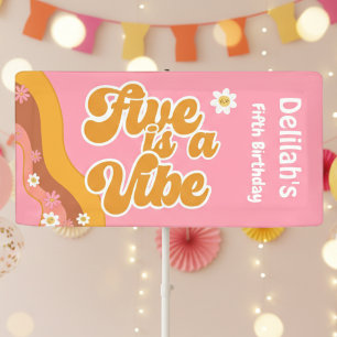 Five is a vibe, groovy retro vintage birthday banner