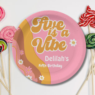 Five is a vibe, groovy retro vintage birthday paper plate