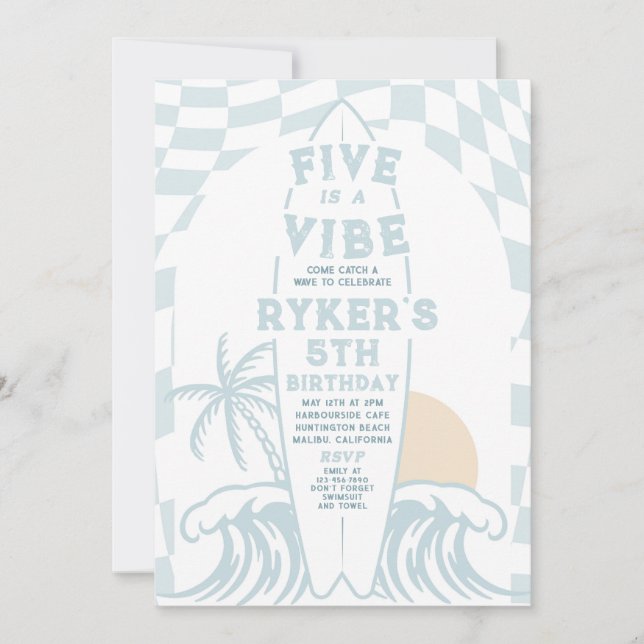 Five Is A Vibe Modern Surf Surfboard 5th Birthday  Invitation (Front)