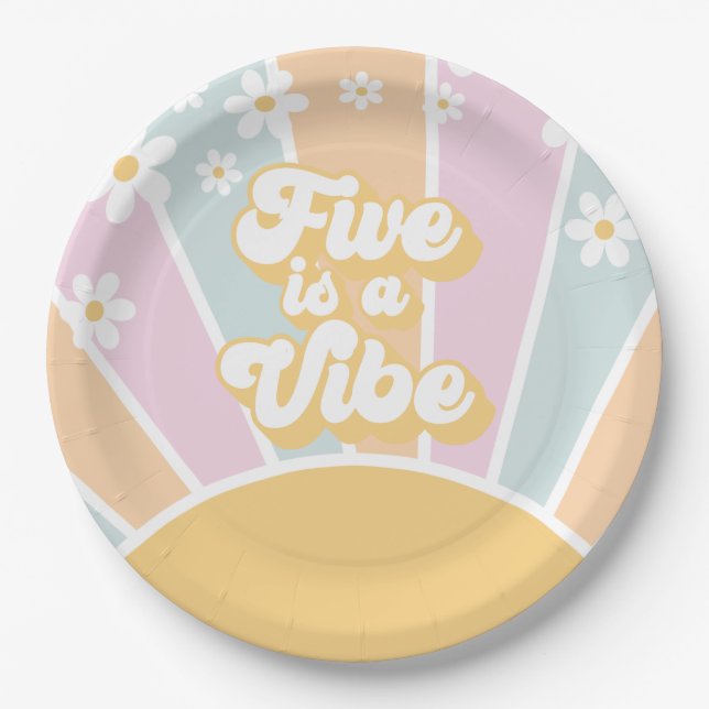 Five is a Vibe pastel Retro Sunshine daisy boho Paper Plate (Front)