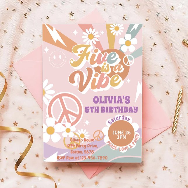 Five is a Vibe peach love party 5th birthday Invitation (Creator Uploaded)