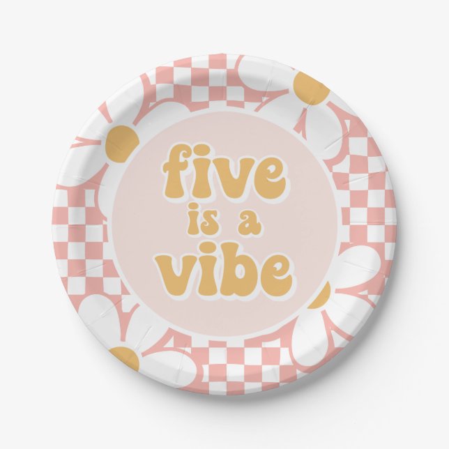 Five is a Vibe Pink Daisy Chequered Paper Plate (Front)
