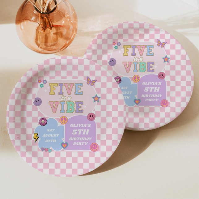 Five Is A Vibe Preppy Patch 5th Birthday Party Paper Plate (Creator Uploaded)