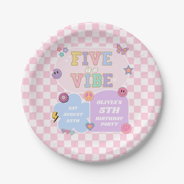 Five Is A Vibe Preppy Patch 5th Birthday Party Paper Plate (Front)
