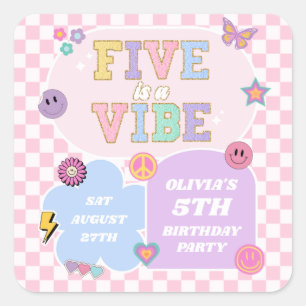 Five Is A Vibe Preppy Patch 5th Birthday Party Square Sticker