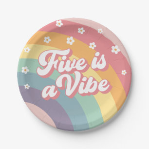 Five is a Vibe Retro 70s Rainbow Daisy Birthday Paper Plate