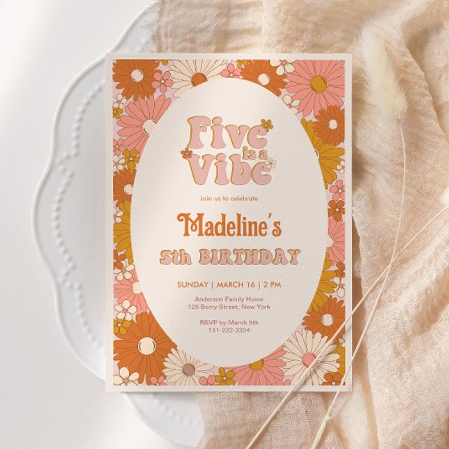 Five is a Vibe Retro Daisy Girl 5th Birthday Invitation (Creator Uploaded)