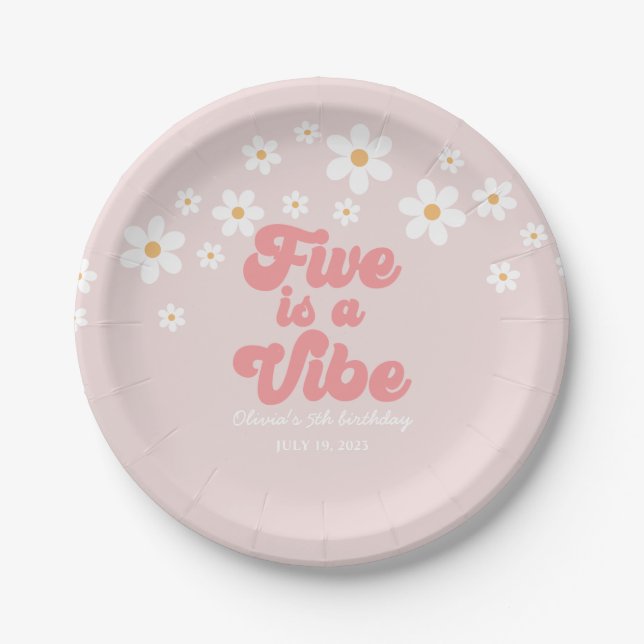 Five is a Vibe Retro Daisy Pink 5th birthday Paper Plate (Front)