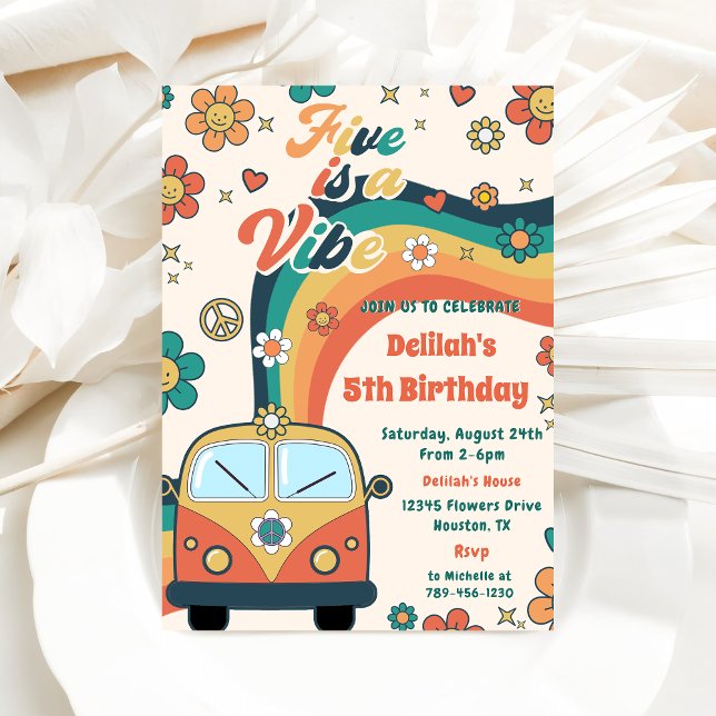 Five Is A Vibe Retro Floral 5th Birthday Party  Invitation (Creator Uploaded)