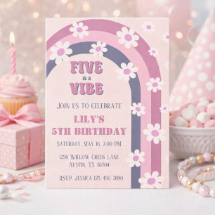 Five is a Vibe Retro Rainbow Daisy Girl 5th Invitation