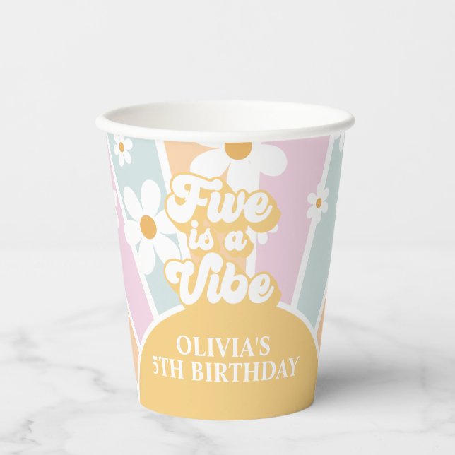 Five is a Vibe Retro Sunshine pastel Birthday Paper Cups (Front)
