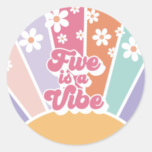 Five is a Vibe Retro Sunshine Rainbow Daisy Classic Round Sticker
