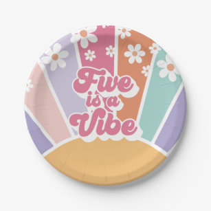 Five is a Vibe Retro Sunshine Rainbow Daisy Paper Plate
