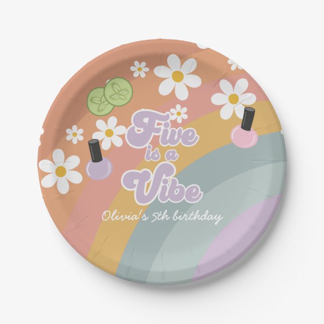 Five is a vibe Spa Rainbow 5th Birthday Paper Plate (Front)