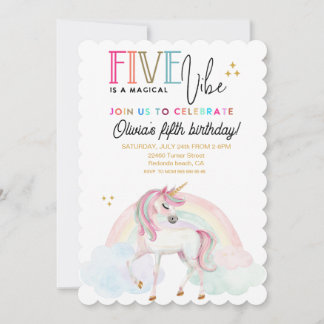 Five is a Vibe Unicorn Rainbow birthday Invitation