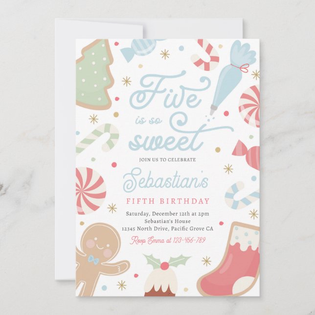 Five Is So Sweet Christmas Cookie 5th Birthday Invitation (Front)