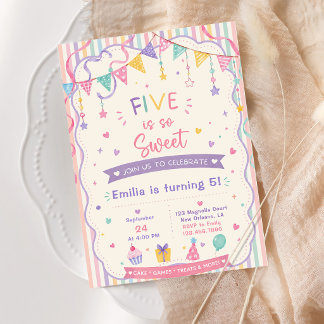 Five is so Sweet girl 5th birthday Invitation
