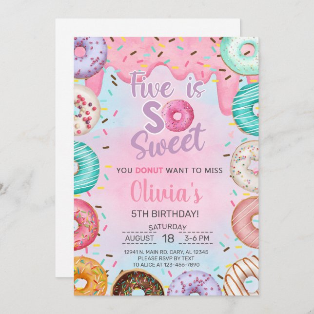 Five is Sweet girl 5th birthday invitation doughnu (Front/Back)