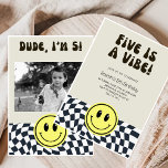 Five is Vibe | Boys Happy Face Kids 5th Birthday  Invitation<br><div class="desc">Yo Dude! It's Party Time! (Dude, I'm Five! Invitations) boys 5th birthday invitations Level up your little man's 5th birthday with these totally rad "Dude, I'm Five!" invitations! Kids Birthday Invitations: Eye-catching design with a happy face chillin' on a classic chequered floor. Unique Invitations: Stand out with this playful, personalised...</div>