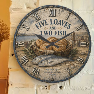 Five Loaves and Two Fish Bible Christ Large Clock