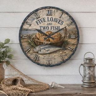 Five Loaves and Two Fish Bible Christ Large Clock