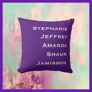 Five Names Purple and White Square Throw Pillow