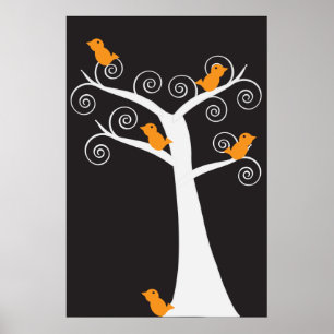 Five Orange Birds in a Tree Poster