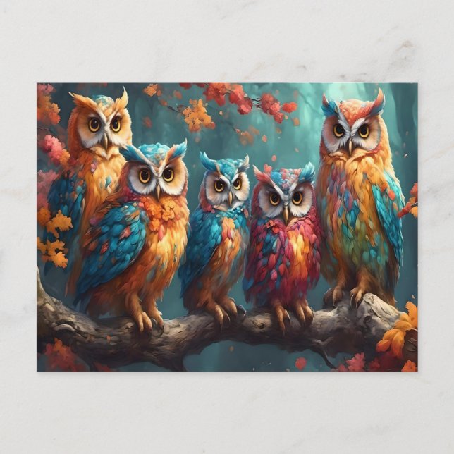 Five Owls Perched On A Tree Branch Postcard (Front)