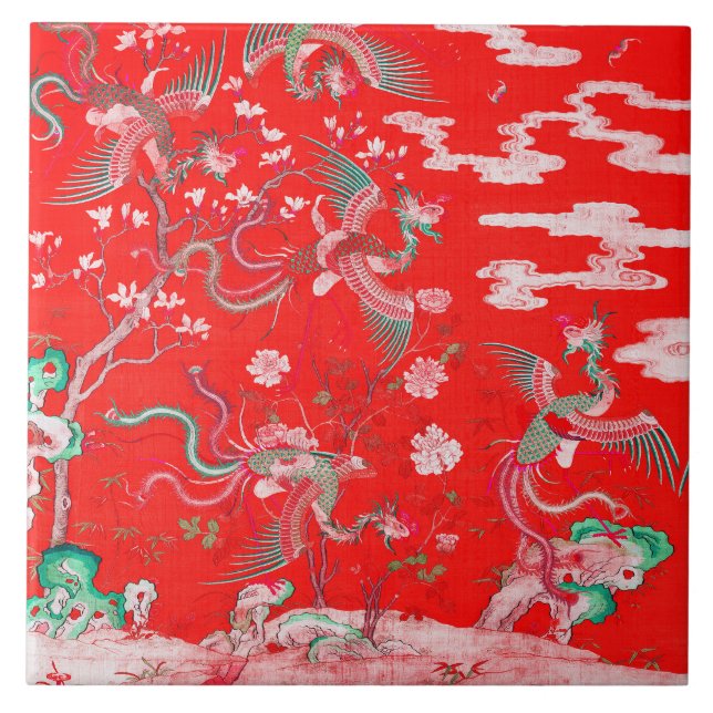 Five Phoenixes in Garden Chinese Red Floral  Tile (Front)