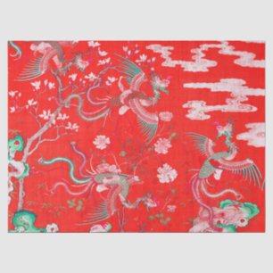Five Phoenixes in Garden Chinese Red Floral  Tissue Paper