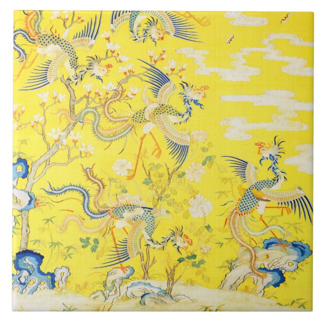 Five Phoenixes in Garden Chinese Yellow Floral  Tile (Front)
