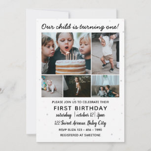 Five Photo Collage Child's First Birthday Invitation