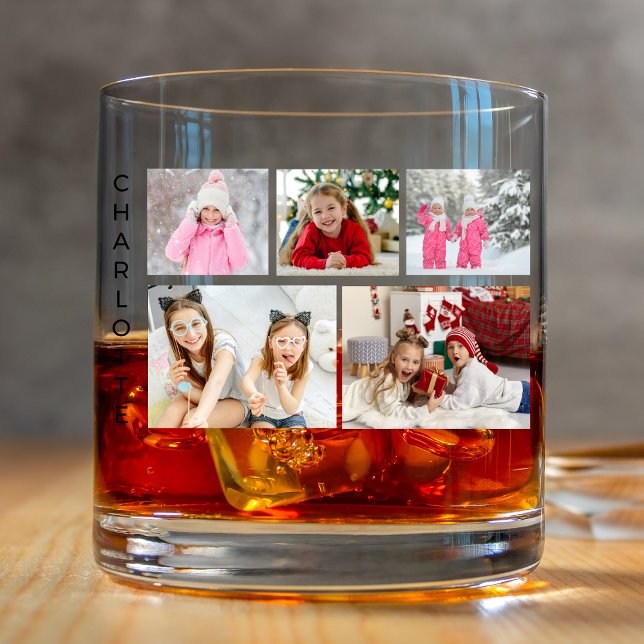 Five Photo Collage Personalised Name Whiskey Glass (Creator Uploaded)