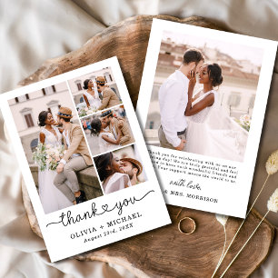 Five Photo Collage Script Heart Wedding Thank You Card