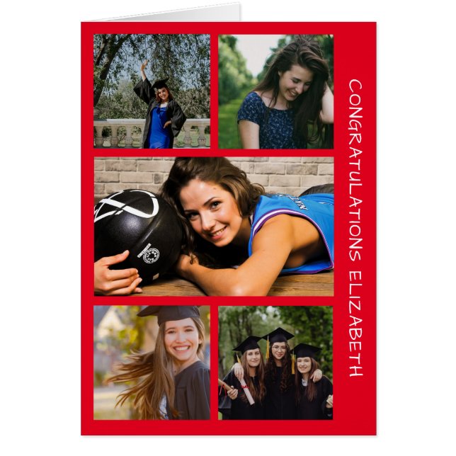 Five Photo Graduation Collage Red Congrats Card (Front)