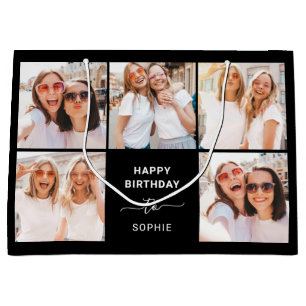 Five Photo Grid   Black Happy Birthday Large Gift Bag