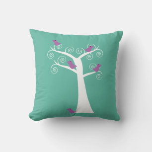 Five Purple Birds in a Curly Tree on Teal Cushion