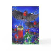 Five Robins with Mistletoe and Xmas stocking