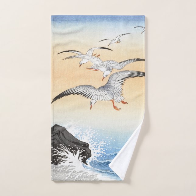Five seagulls above turbulent sea - Ohara Koson -  Hand Towel (Hand Towel)