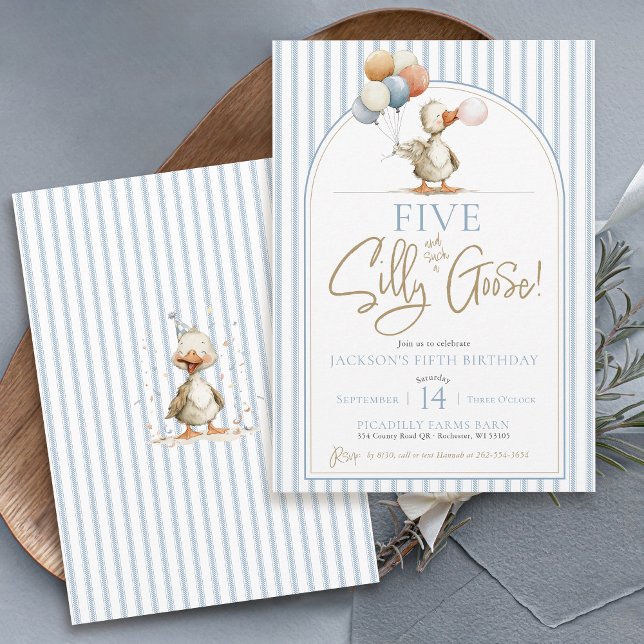 FIVE Silly Goose Cute Pinstripe Boy 4th Birthday Invitation (FIVE Silly Goose blue ticking pinstripes modern arch whimsical geese boys 5th birthday invitations)